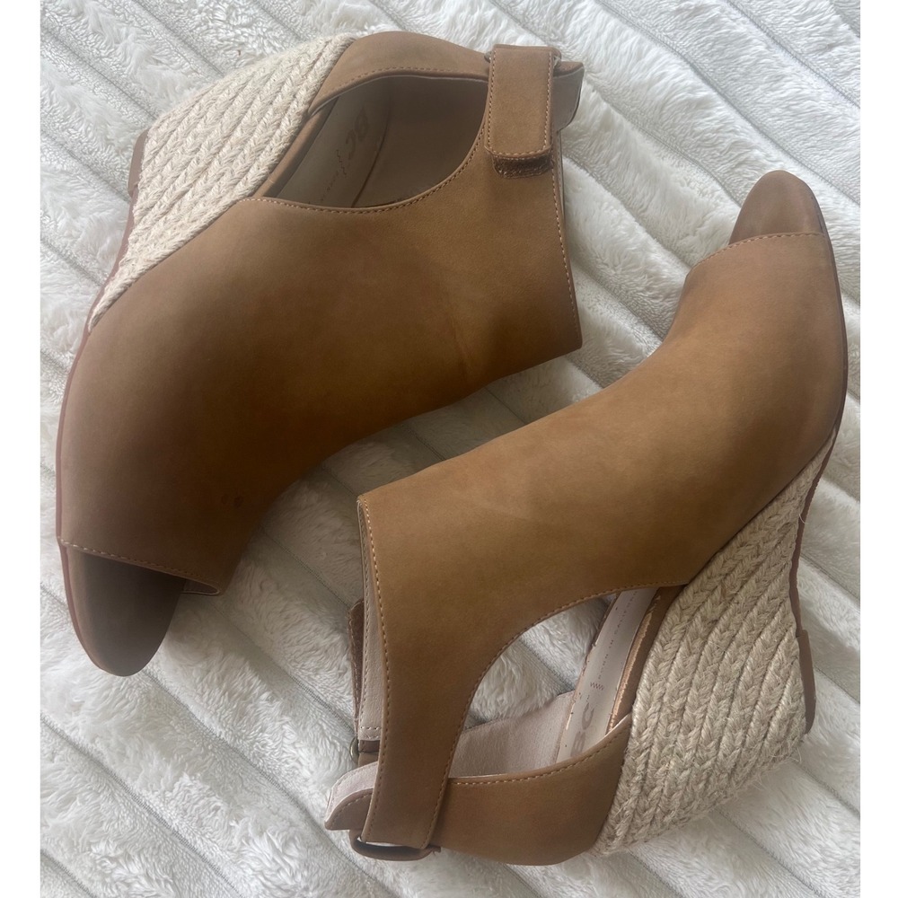 BC Footwear Tan Vegan Leather Espadrille Wedge Peep Toe Sandals Womens 9